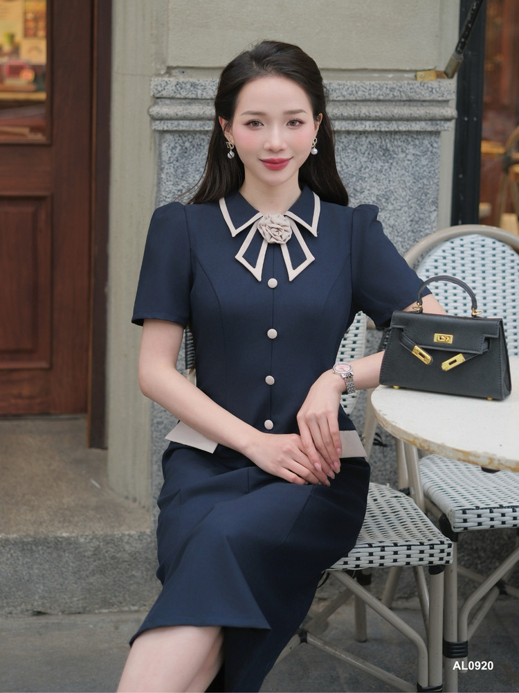 ĐẦM CỔ NƠ ĐÍNH HOA AL0920 Xanh Navy