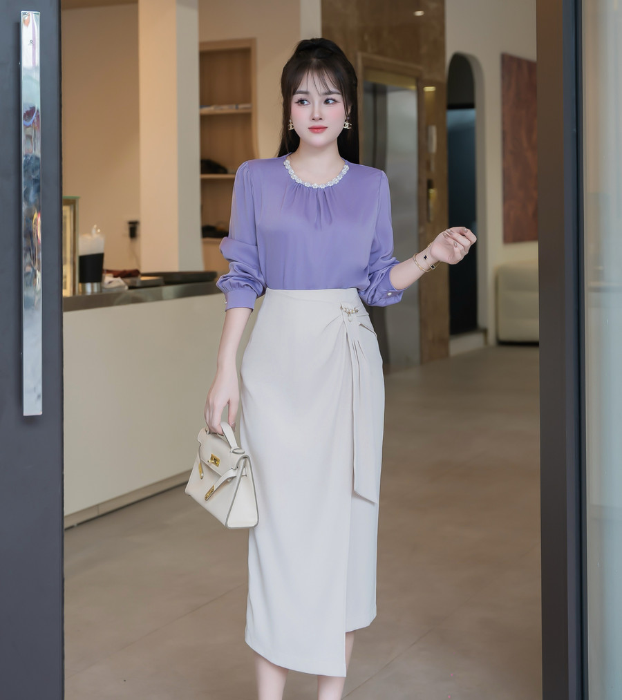 ÁO SƠ MI LỤA TAY DÀI CỔ TRÒN HI0012