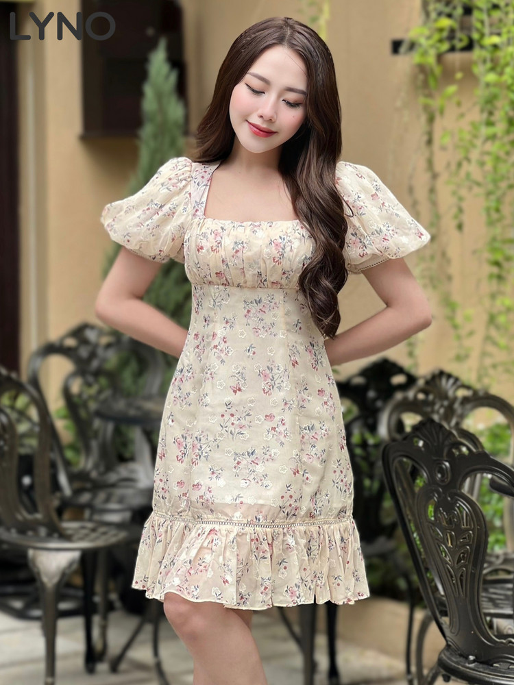 Đầm Hoa Nhí Xếp Ly Nhấn Eo AB0311 Vàng