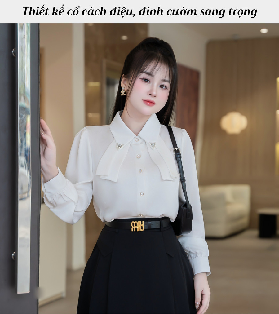ÁO SƠ MI LỤA HAI NƠ PHẦN TRƯỚC LÁ CỔ ĐÍNH CƯỜM HI0028 
