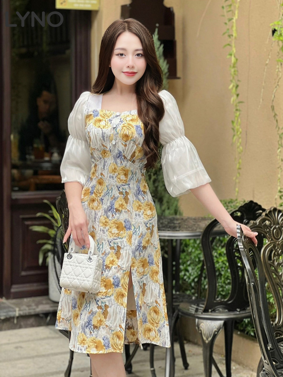 Đầm Tay Phồng Họa Tiết Vàng Xanh AB0257