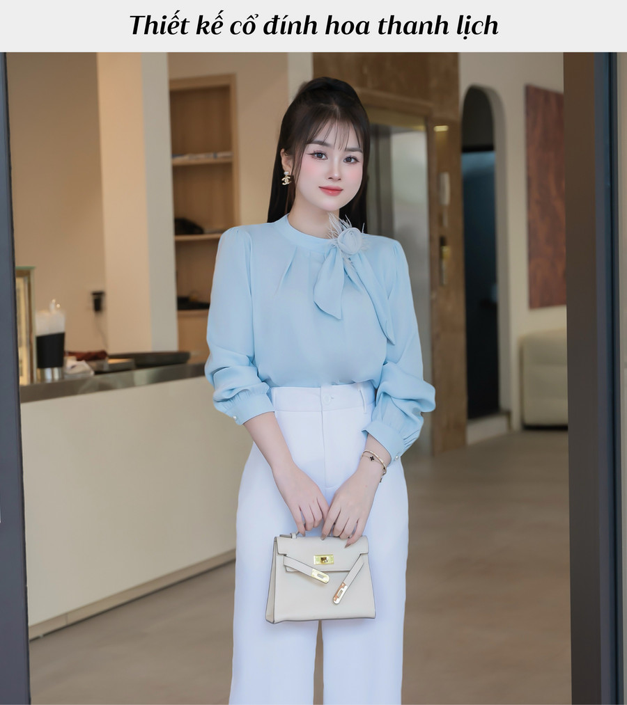 ÁO SƠ MI LỤA CỔ ĐÍNH HOA HI0027