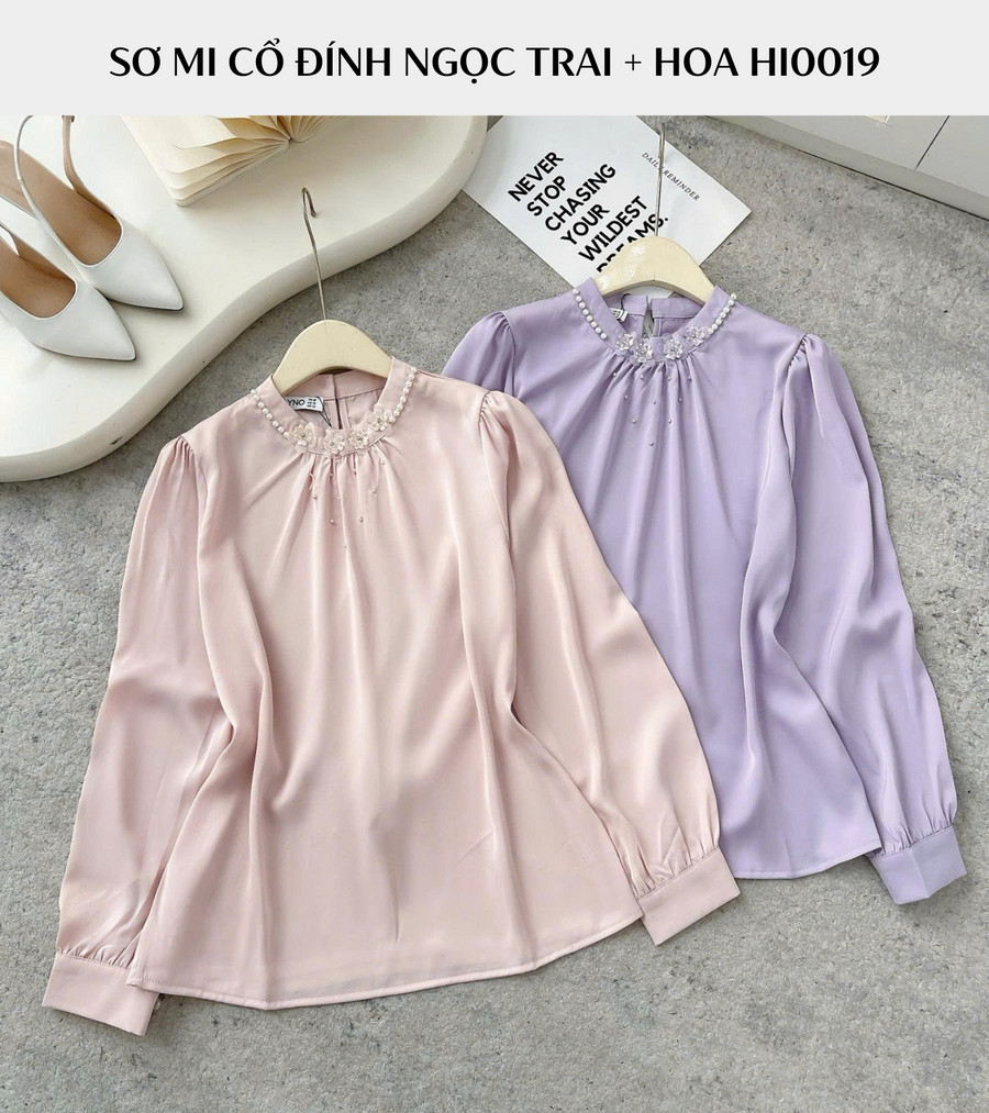 ÁO SƠ MI TAY DÀI CỔ TRÒN ĐÍNH HOA HI0019