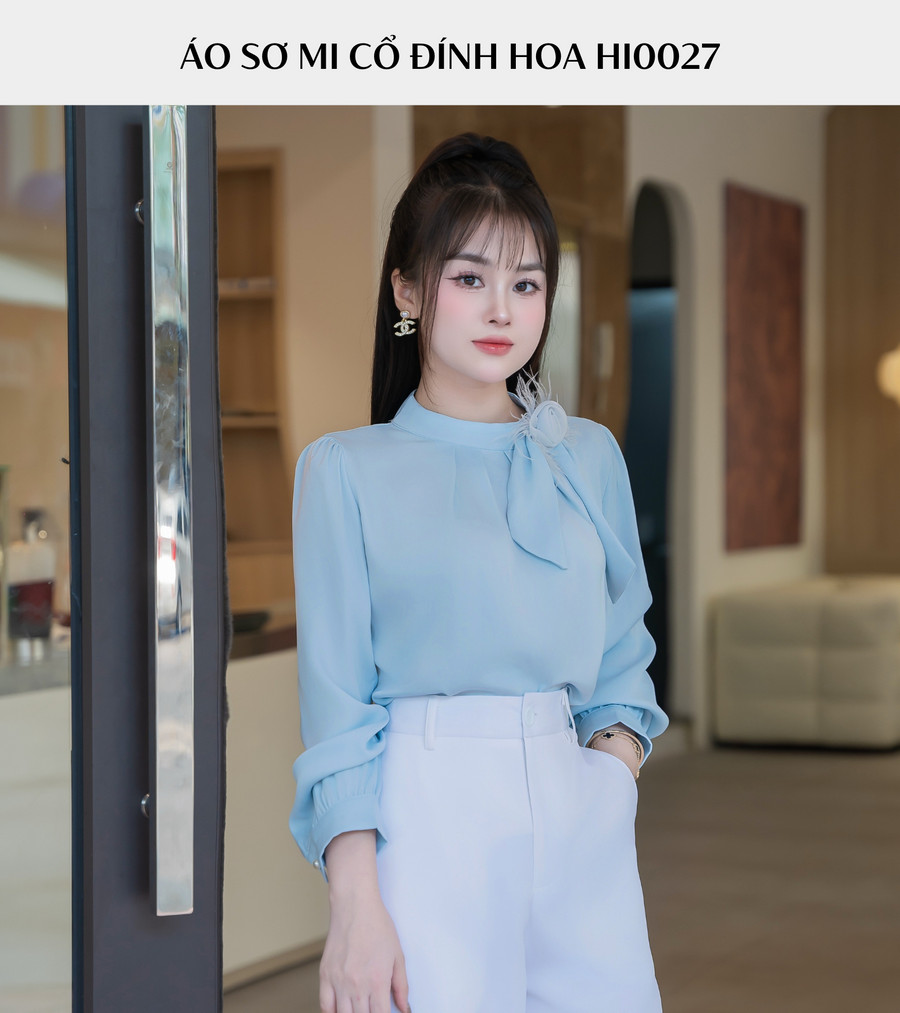 ÁO SƠ MI LỤA CỔ ĐÍNH HOA HI0027
