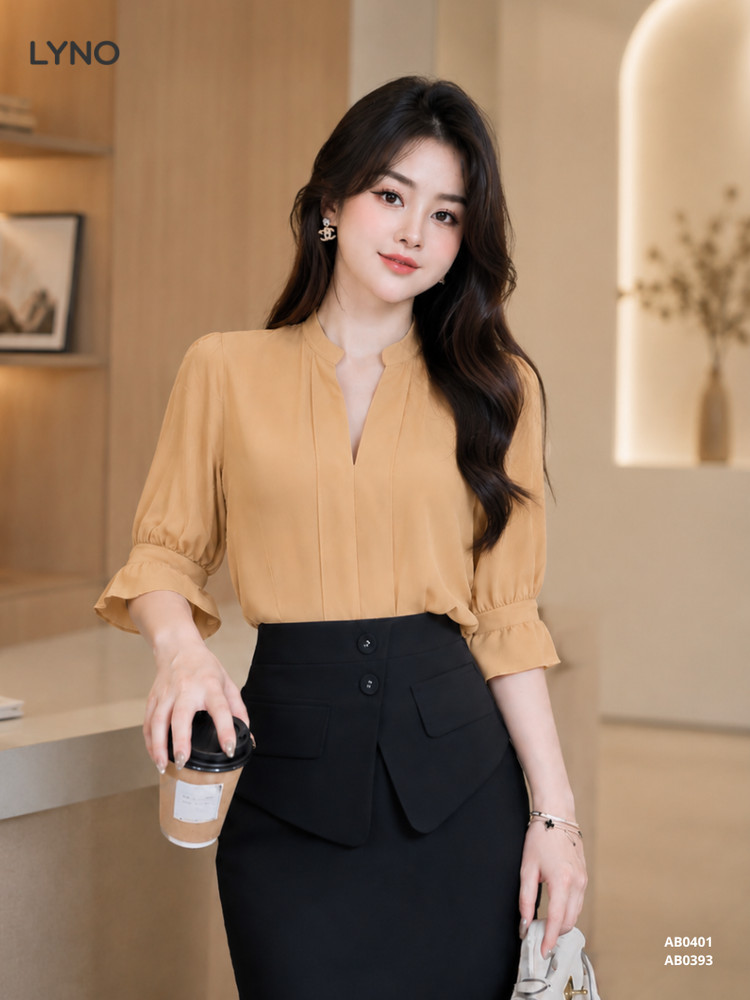 ÁO SƠ MI CỔ V TAY BÈO AB0401 Cam Hồng - Da Đậm