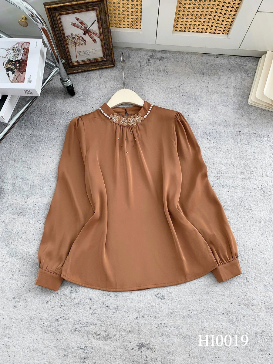ÁO SƠ MI TAY DÀI CỔ TRÒN ĐÍNH HOA HI0019