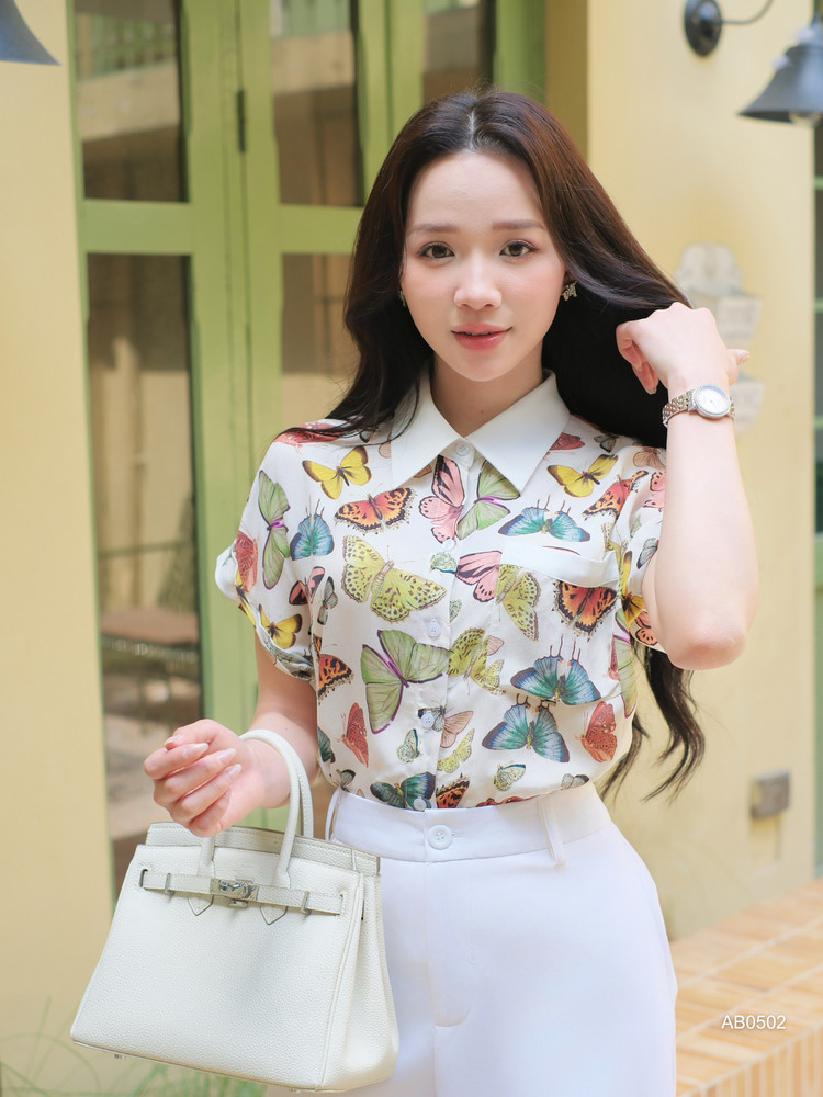 ÁO SƠ MI LỤA CUPRO BƯỚM NGẮN TAY AB0502 Kem