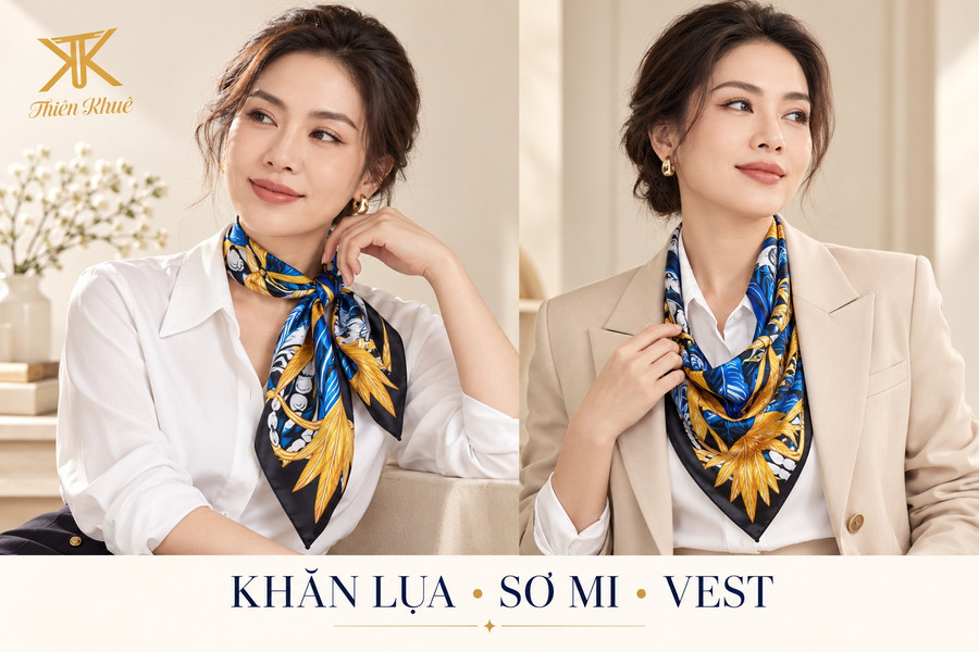 Ảnh minh họa phối khăn Thiên Khuê K0002 xanh navy với sơ mi trắng và vest be