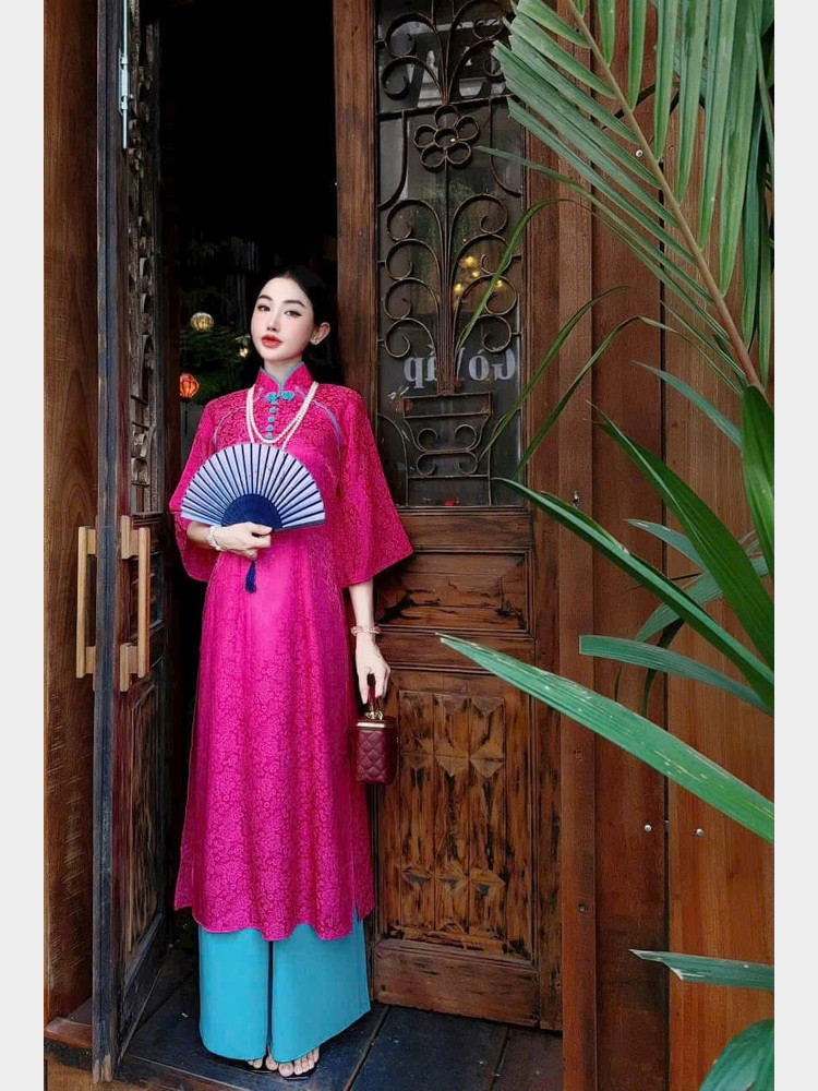 SET ÁO DÀI GẤM CỔ TÀU AL0883 Hồng Sen