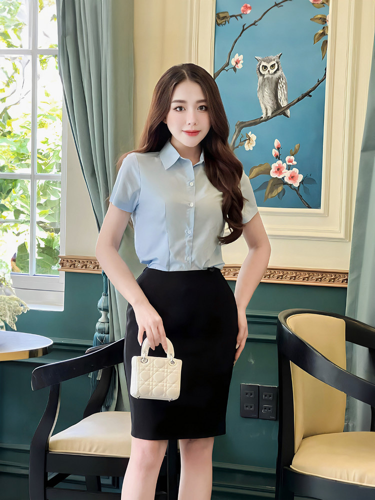 ÁO SƠ MI CHIẾT EO TAY NGẮN AB0483 Xanh Dương