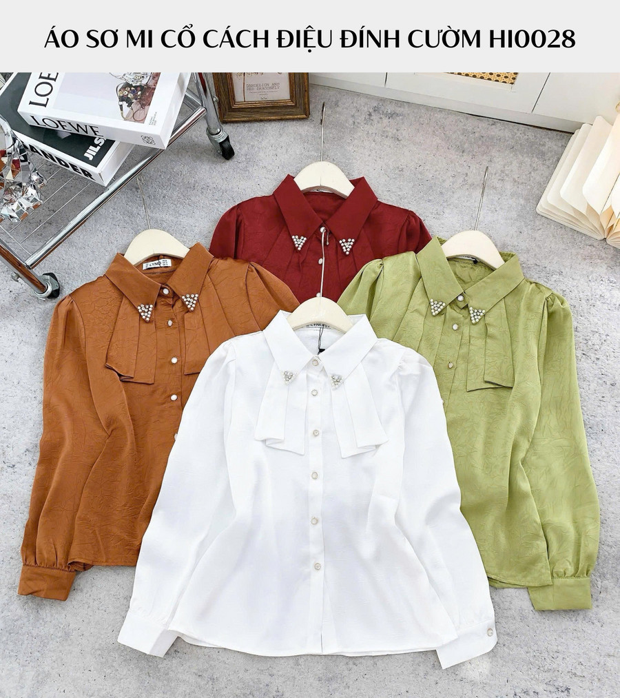 ÁO SƠ MI LỤA HAI NƠ PHẦN TRƯỚC LÁ CỔ ĐÍNH CƯỜM HI0028 