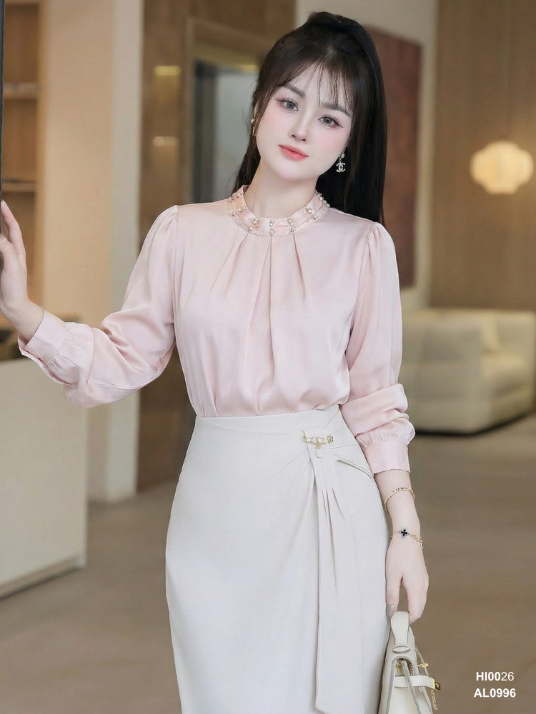 ÁO SƠ MI LỤA CỔ TRÒN HI0026 Hồng