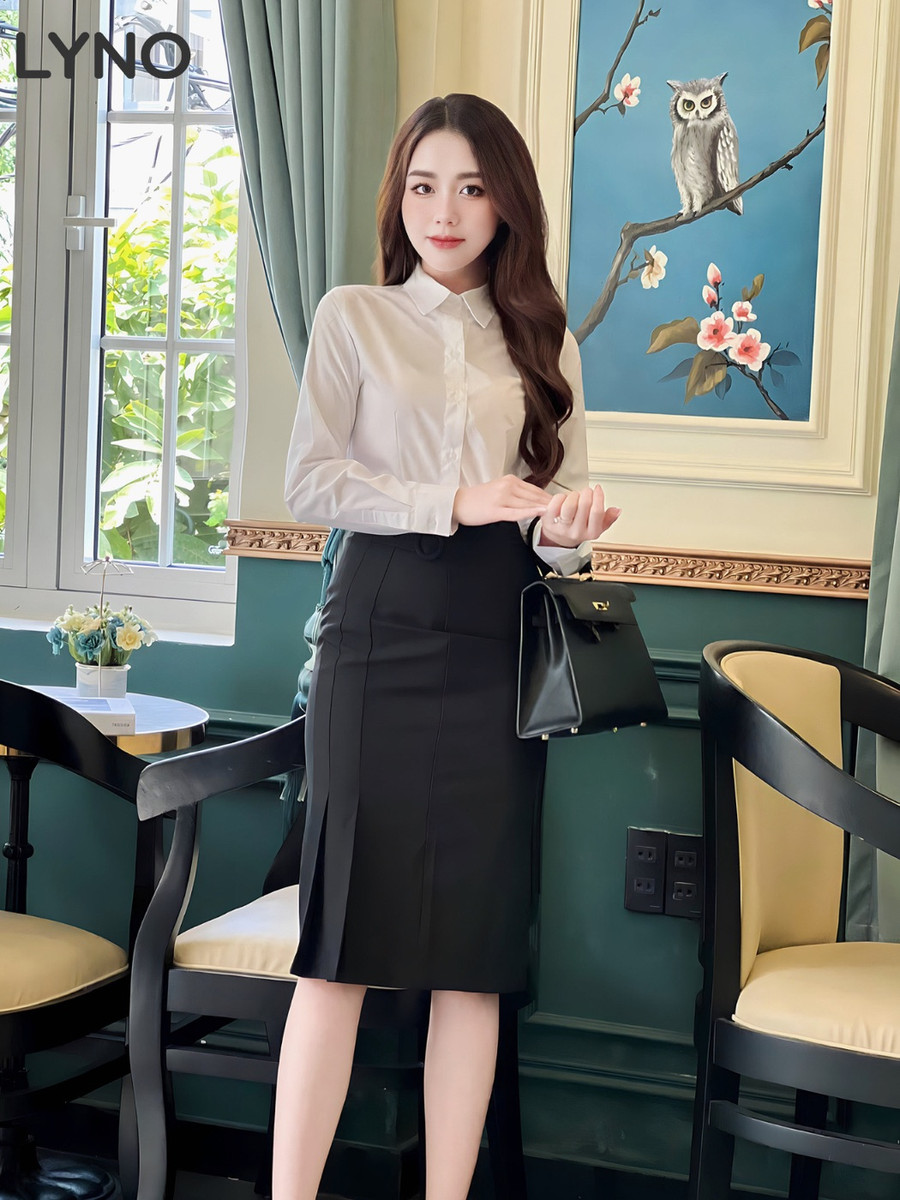 Chân váy đen LYNO AL0130 phối sơ mi trắng AB0482
