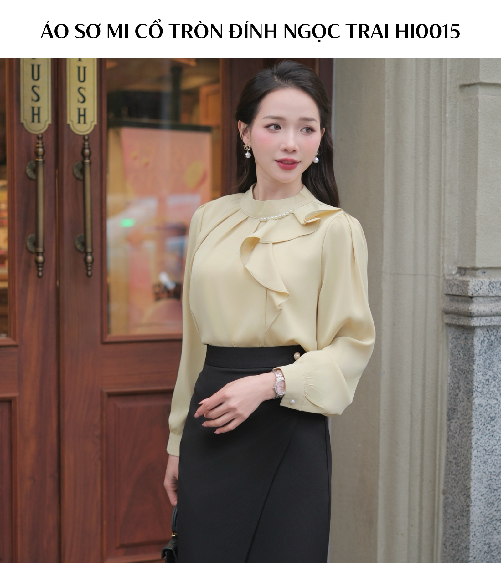 ÁO SƠ MI CỔ TRÒN ĐÍNH NGỌC TRAI HI0015