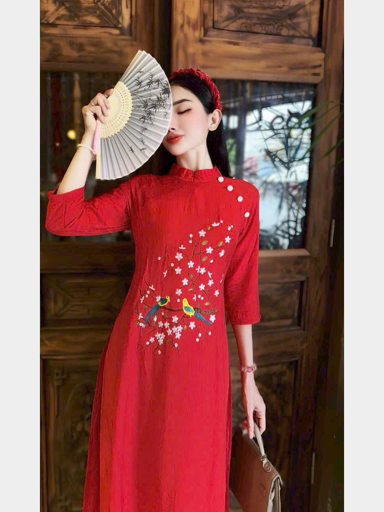 SET ÁO DÀI GẤM CỔ TÀU AL0883 Đỏ