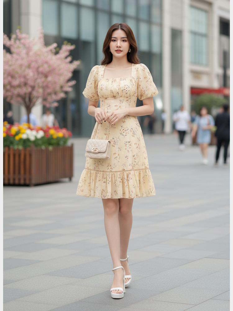 Đầm Hoa Nhí Xếp Ly Nhấn Eo AB0311