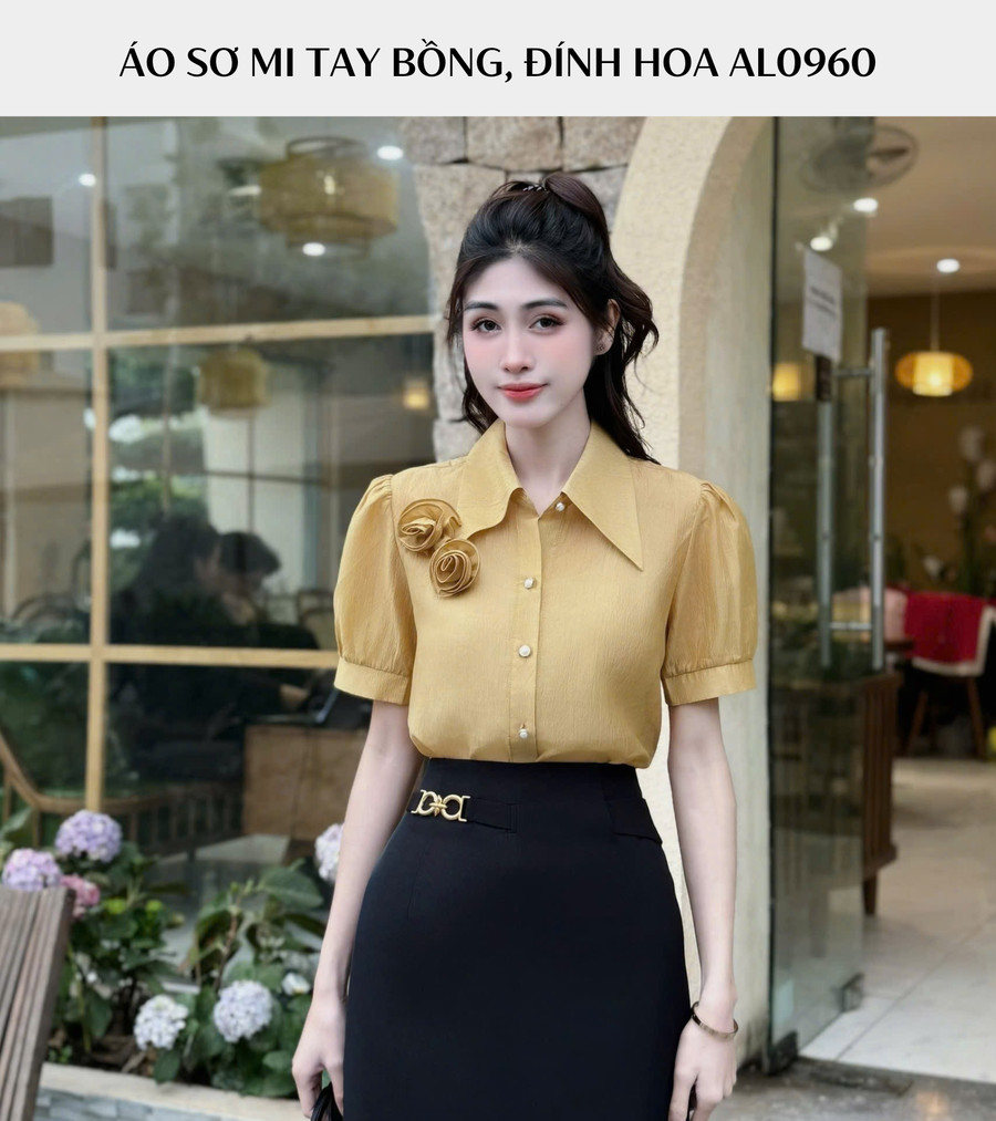ÁO SƠ MI NGẮN TAY ĐÍNH HOA AL0960