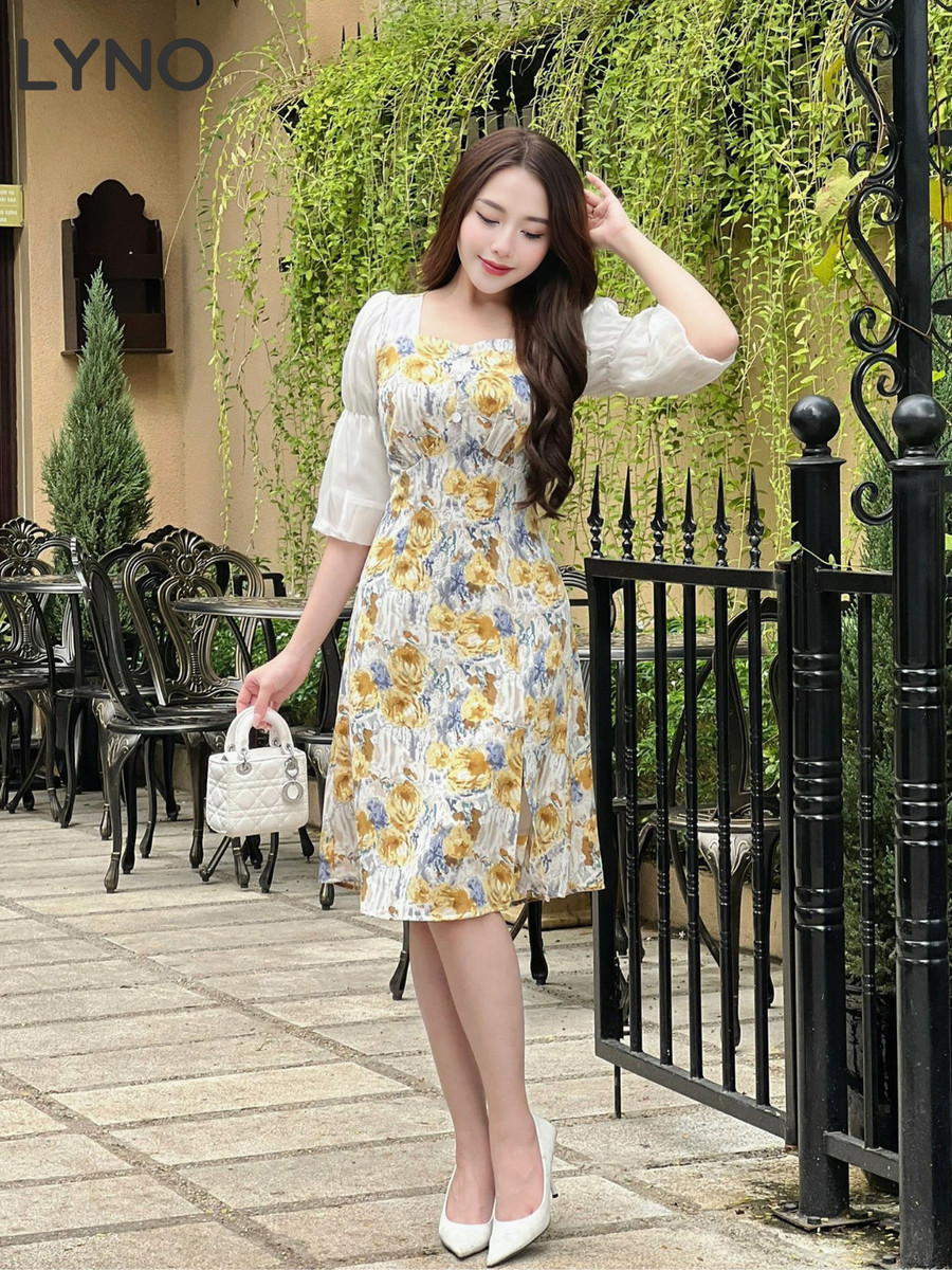 Đầm Tay Phồng Họa Tiết Vàng Xanh AB0257