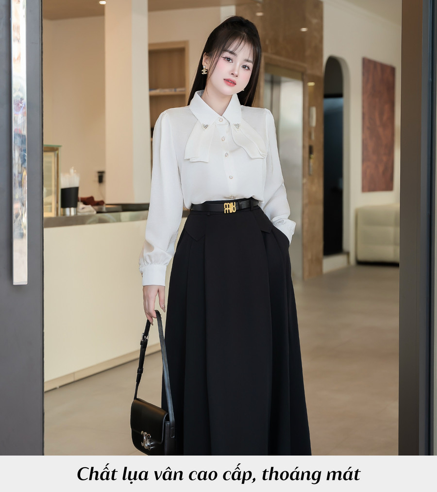 ÁO SƠ MI LỤA HAI NƠ PHẦN TRƯỚC LÁ CỔ ĐÍNH CƯỜM HI0028 