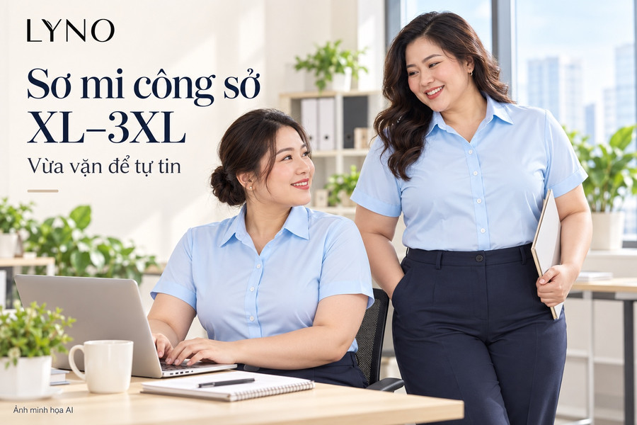 Minh họa AI hai phụ nữ công sở vóc dáng đầy đặn mặc sơ mi xanh, đứng và ngồi làm việc
