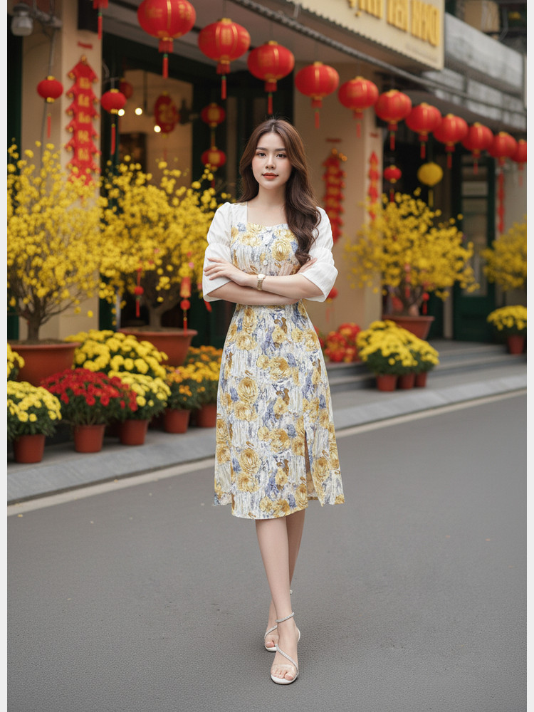 Đầm Tay Phồng Họa Tiết Vàng Xanh AB0257
