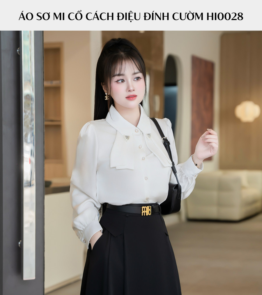 ÁO SƠ MI LỤA HAI NƠ PHẦN TRƯỚC LÁ CỔ ĐÍNH CƯỜM HI0028 