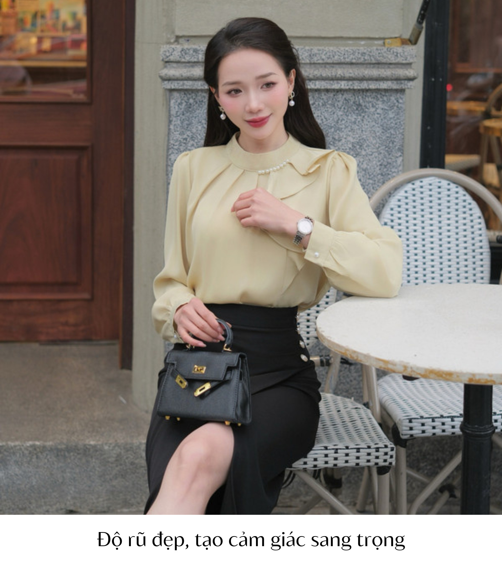 ÁO SƠ MI CỔ TRÒN ĐÍNH NGỌC TRAI HI0015