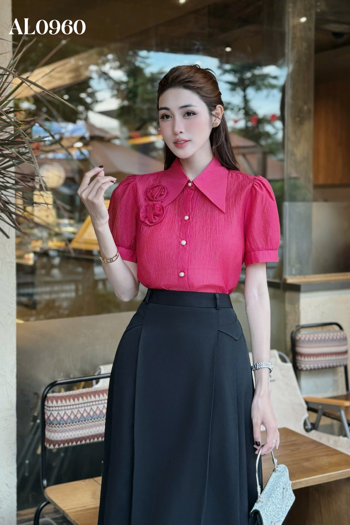 ÁO SƠ MI NGẮN TAY ĐÍNH HOA AL0960