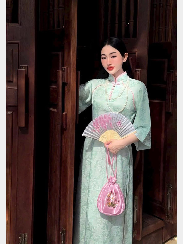 SET ÁO DÀI GẤM CỔ TÀU AL0883 Xanh Ngọc