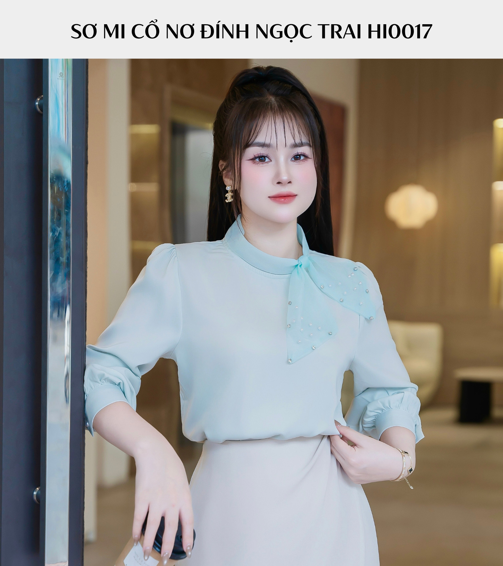 ÁO SƠ MI CỔ NƠ BÊN ĐÍNH NGỌC TRAI HI0017