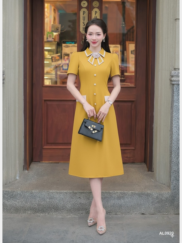ĐẦM CỔ NƠ ĐÍNH HOA AL0920 Vàng Kim
