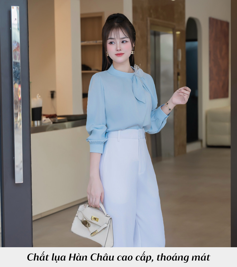ÁO SƠ MI LỤA CỔ ĐÍNH HOA HI0027