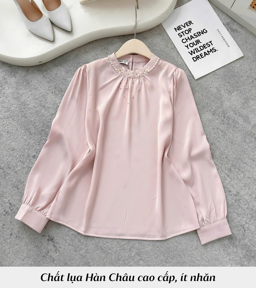ÁO SƠ MI TAY DÀI CỔ TRÒN ĐÍNH HOA HI0019