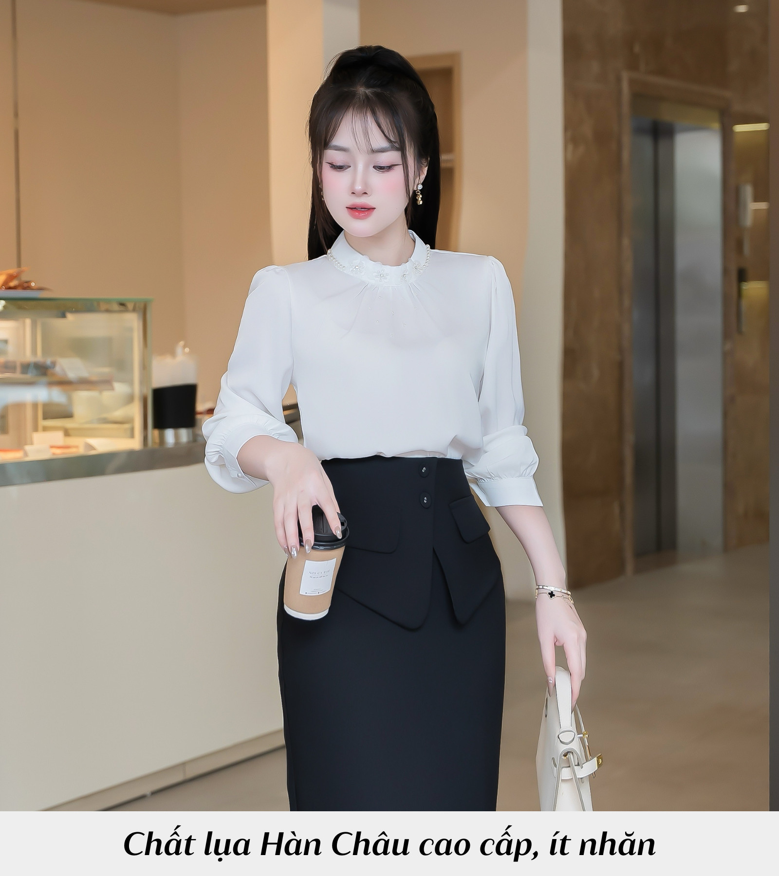 ÁO SƠ MI TAY DÀI CỔ TRÒN ĐÍNH HOA HI0019