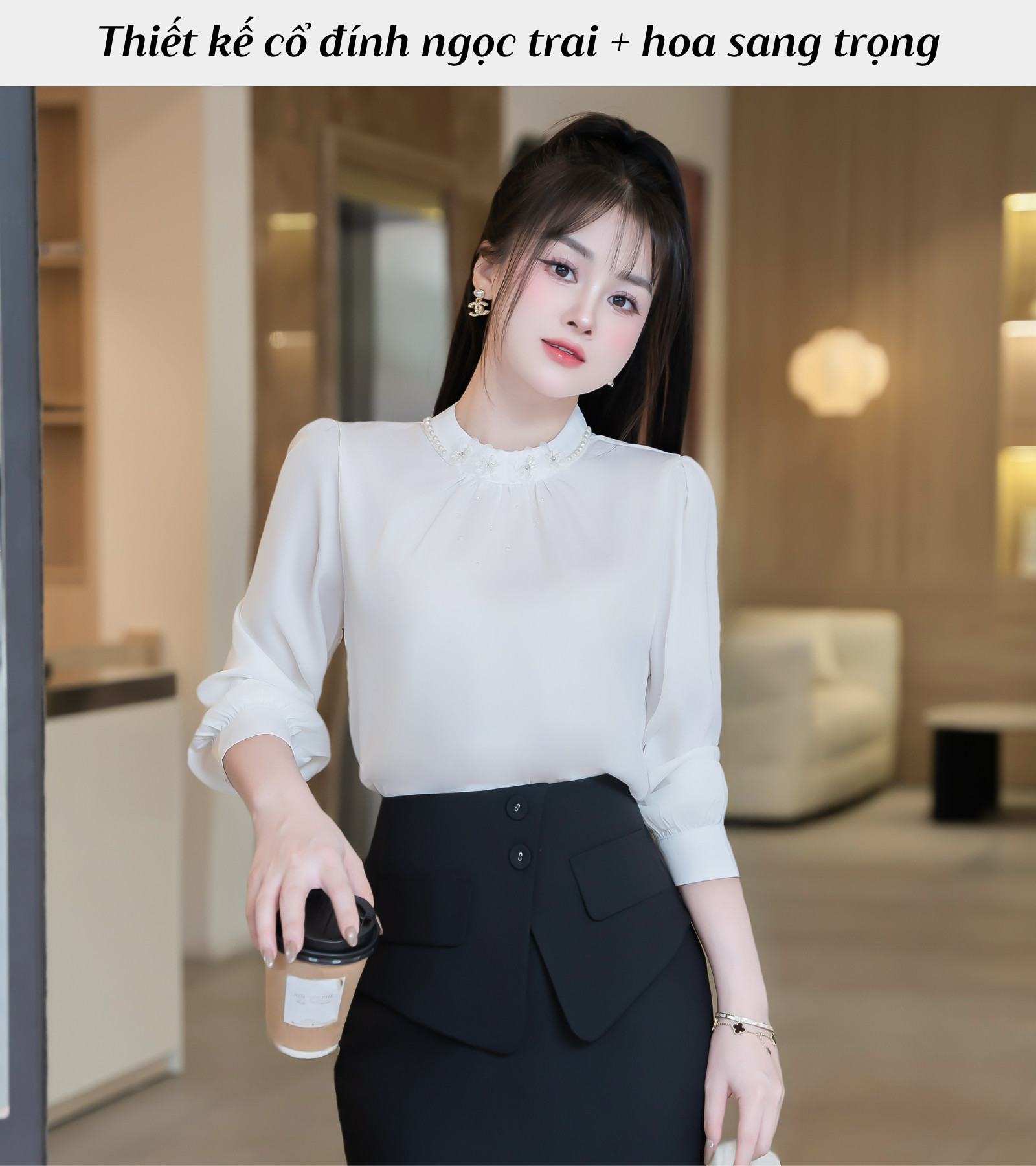 ÁO SƠ MI TAY DÀI CỔ TRÒN ĐÍNH HOA HI0019
