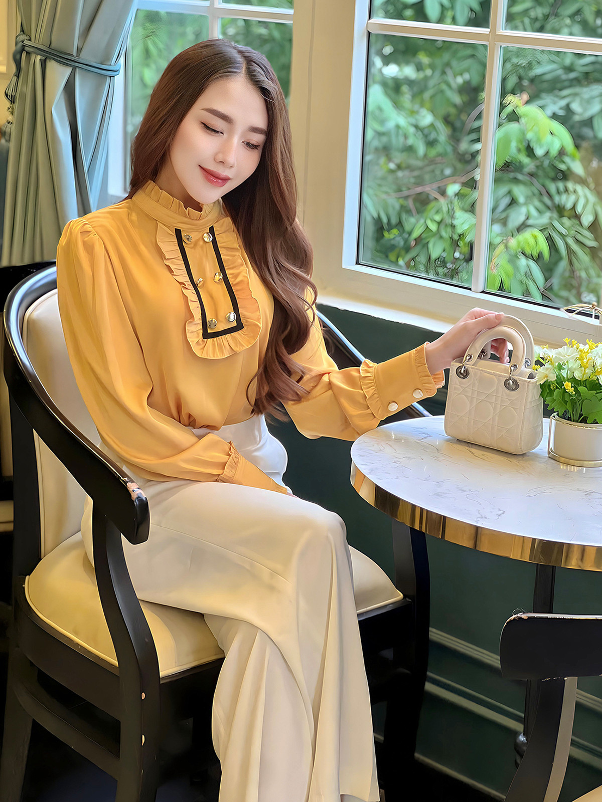 ÁO SƠ MI TAY DÀI PHỐI BÈO 6 NÚT HI0006