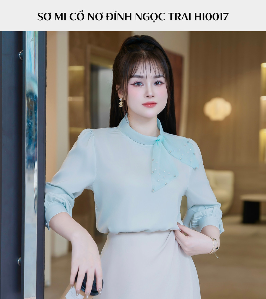 ÁO SƠ MI CỔ NƠ BÊN ĐÍNH NGỌC TRAI HI0017