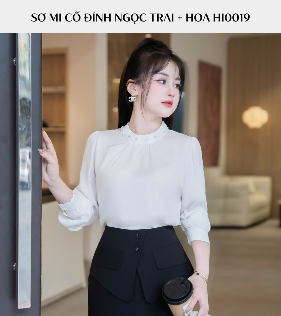 ÁO SƠ MI TAY DÀI CỔ TRÒN ĐÍNH HOA HI0019